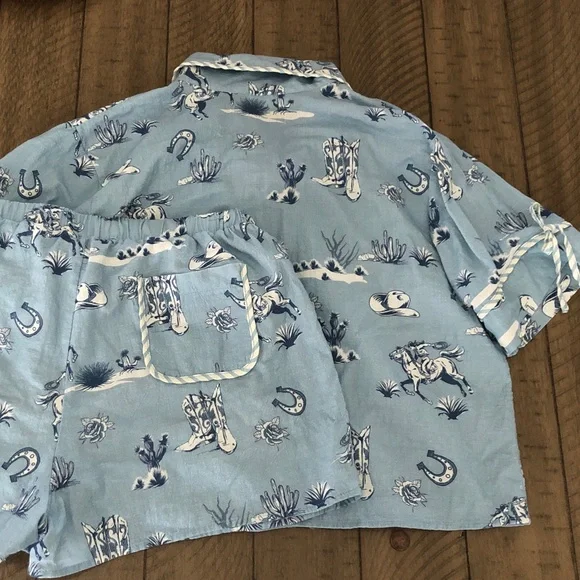 Altar'd State Blue Pajama short set horse cowboy rodeo cactus western adorable M - Picture 5 of 6